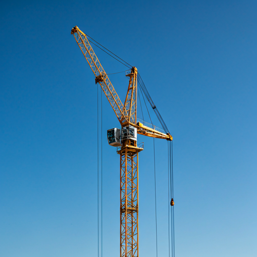 Grúa torre amarilla de gran escala operando en obra de construcción bajo cielo azul
