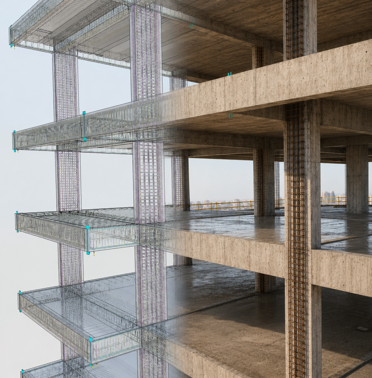 Render detallado del modelo estructural tridimensional coordinado en software BIM